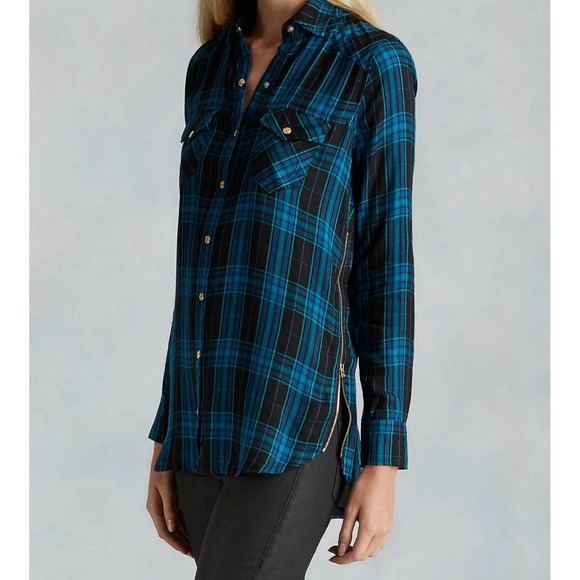 True Religion Plaid Top Logo Black Aqua Blue Tunic Zip Women's Size Large Snaps - Picture 1 of 13